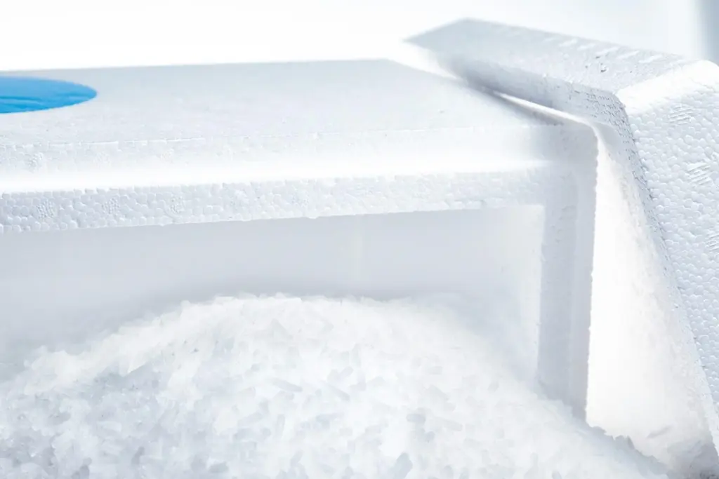 Trockeneis-Box mit Pellets für sicheren Versand von empfindlichen Produkten. Ideal für Kühlung und Transport. Trockeneis-Pellets, Droogijs Pellets, Dry Ice pellets, Tøris, glace carbonique